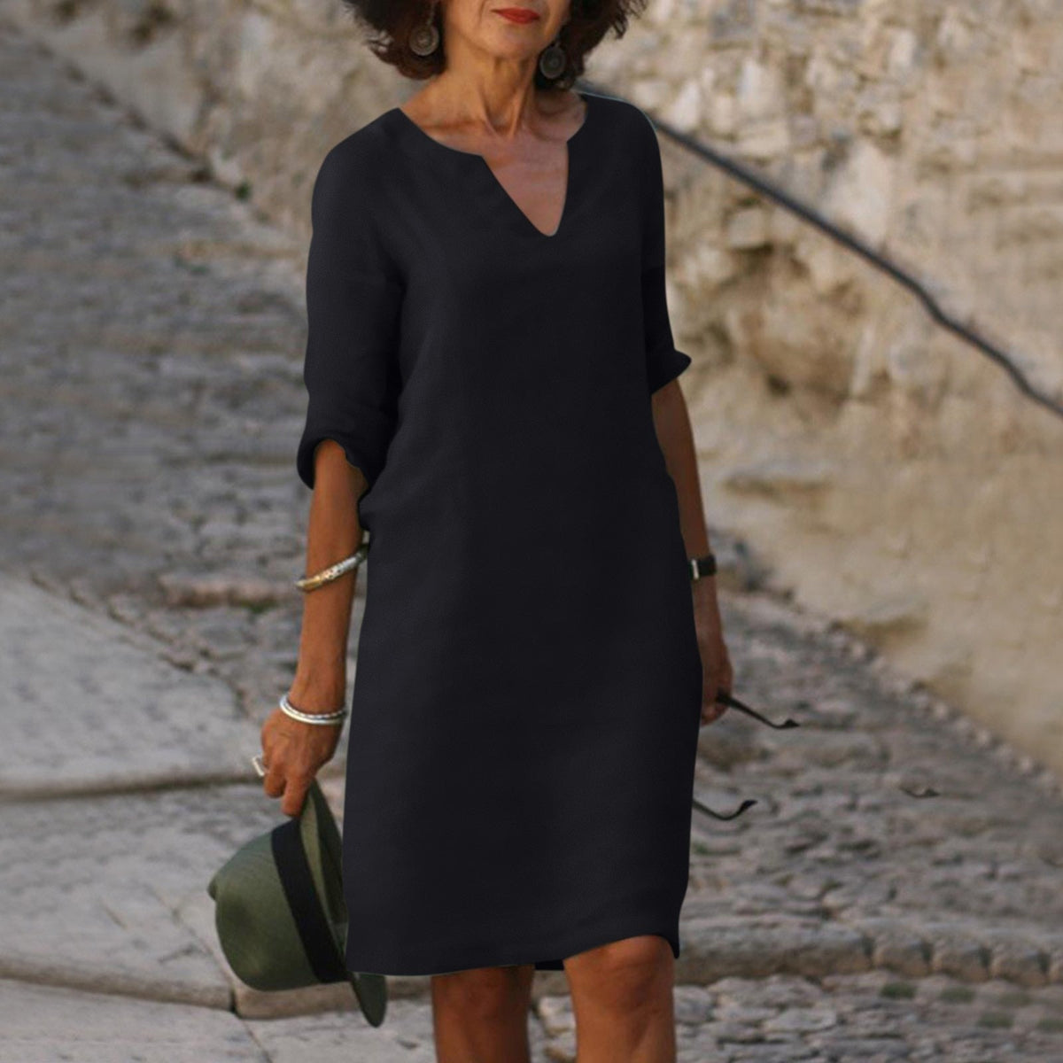 Women’s Elegant V-Neck Knee-Length Dress Black