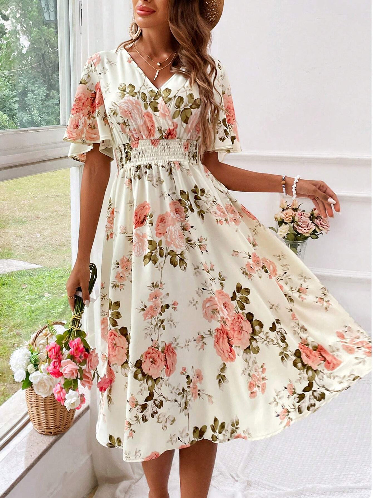 Women’s Elegant Floral V-Neck Dress White