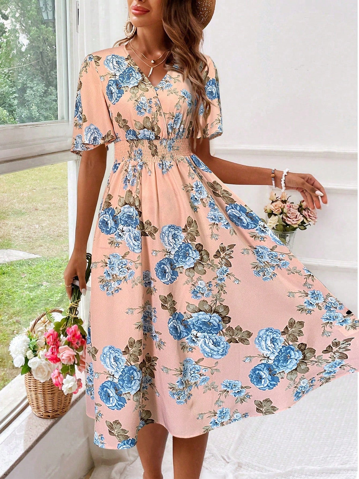 Women’s Elegant Floral V-Neck Dress Pink