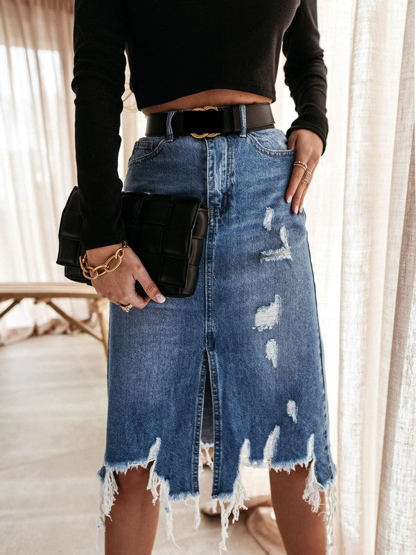 Women’s Casual Denim Midi Skirt in Used Look Blue