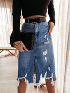 Women’s Casual Denim Midi Skirt in Used Look Blue
