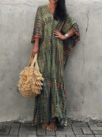 Women’s Flowy Kaftan Maxi Dress - Relaxed Summer Dress Dark Green