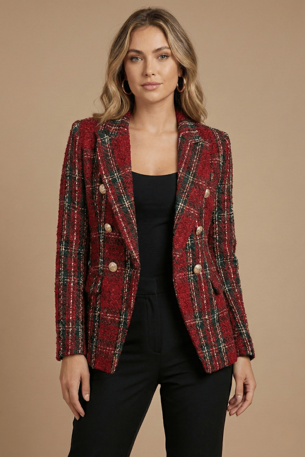 Women’s Classic Check Double Breasted Blazer Jacket Red