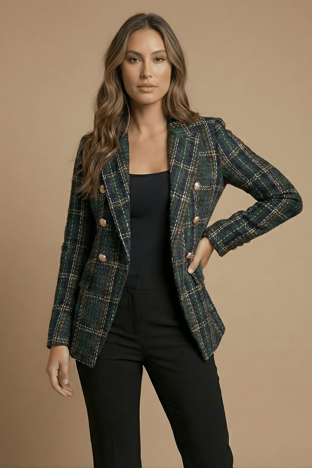 Women’s Classic Check Double Breasted Blazer Jacket Teal Green