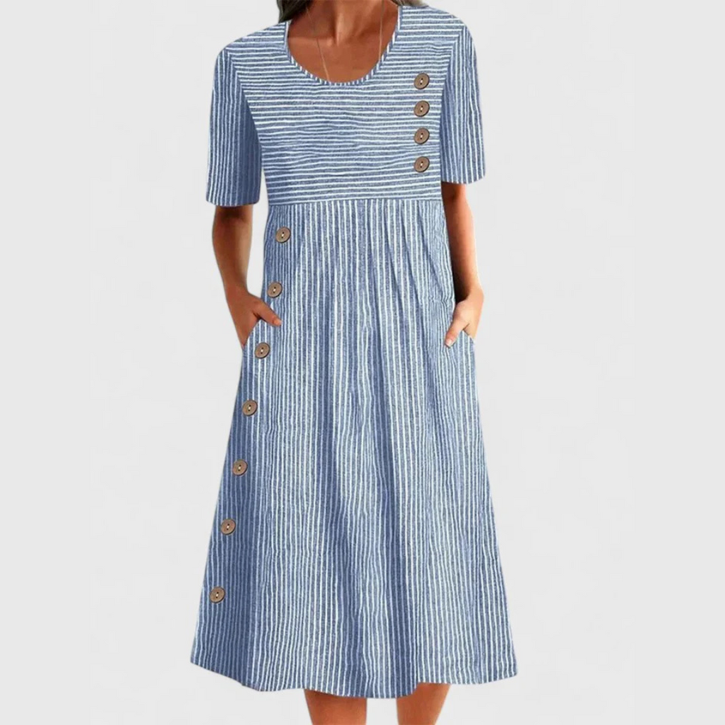 Women’s Elegant Dress with Button Detail and Short Sleeves Blue