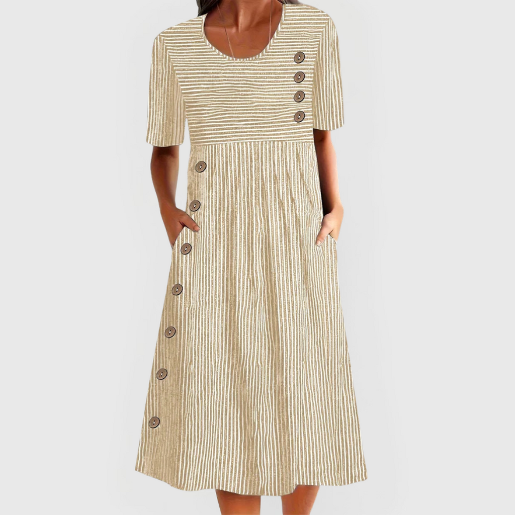 Women’s Elegant Dress with Button Detail and Short Sleeves Beige