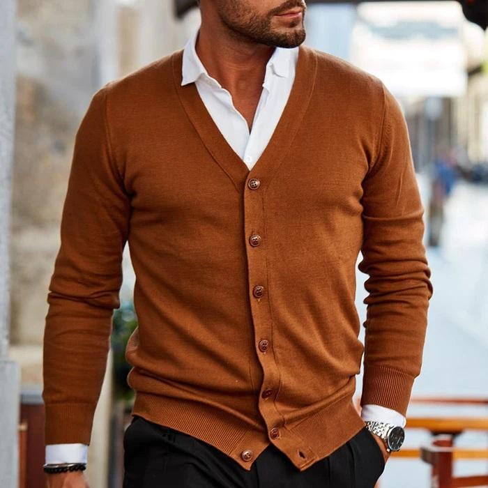 Men’s Classic Button-Down Cardigan with Front Pockets Light Brown