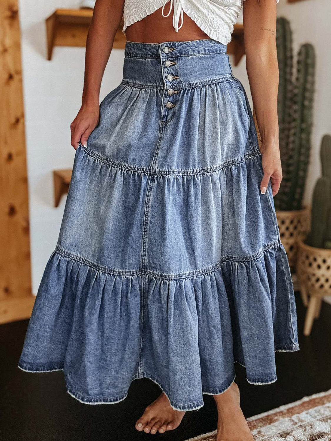 Women’s Tiered Denim Skirt with Button Placket