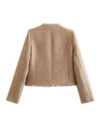 Women’s Cropped Tweed Blazer Jacket with Button Closure