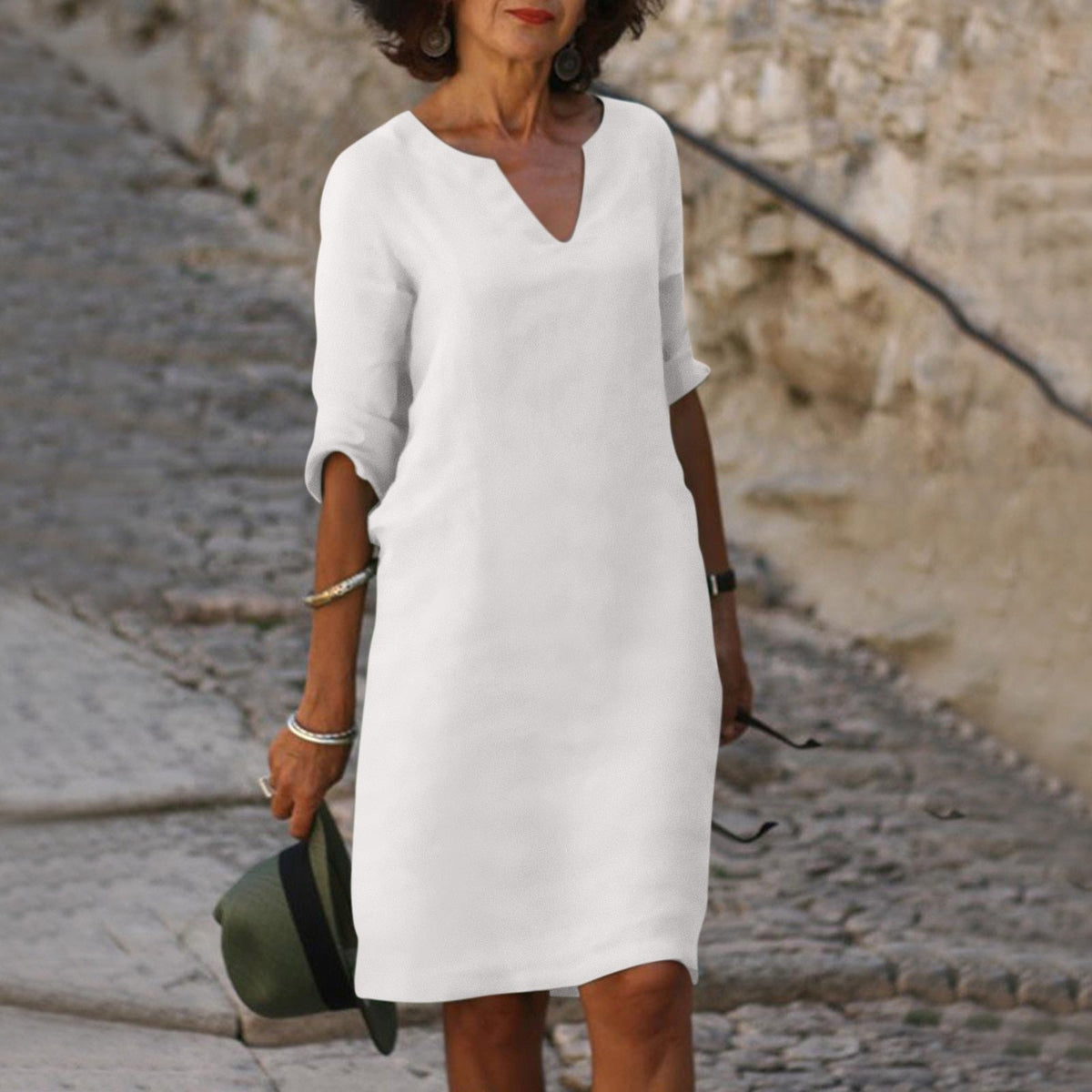 Women’s Elegant V-Neck Knee-Length Dress White