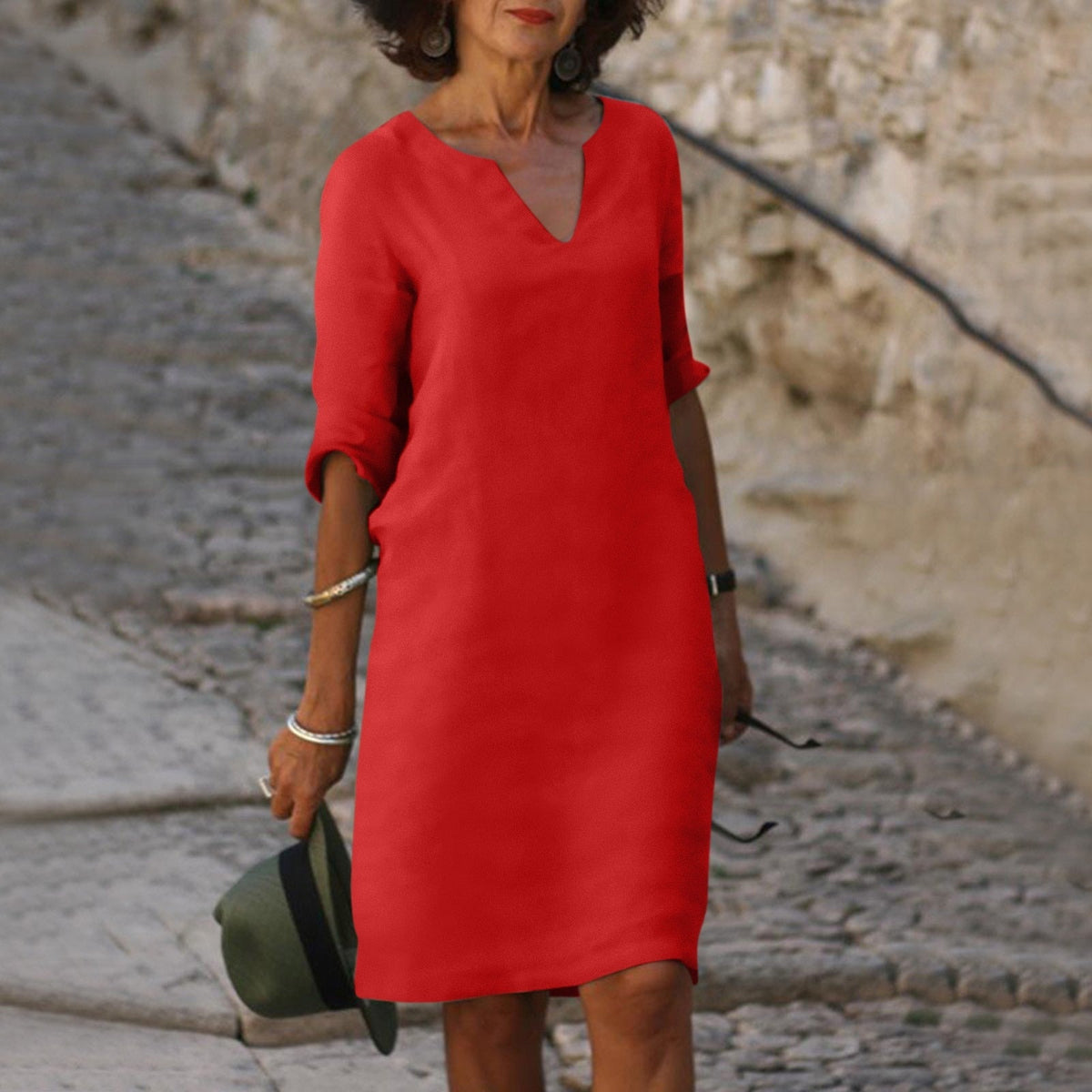 Women’s Elegant V-Neck Knee-Length Dress Red