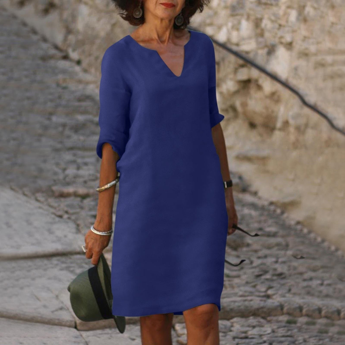 Women’s Elegant V-Neck Knee-Length Dress Dark Blue
