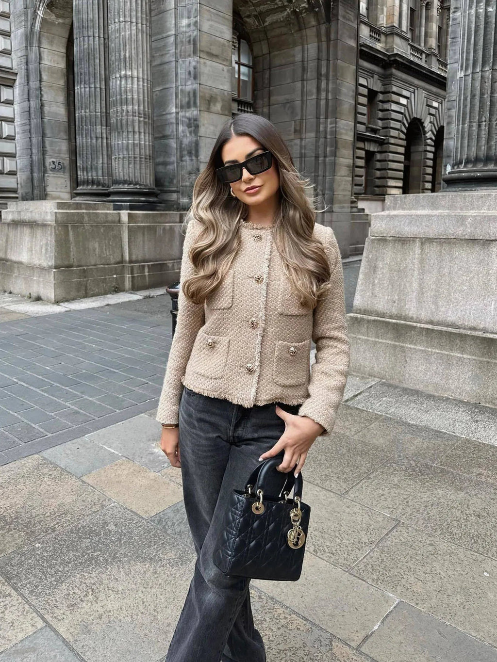 Women’s Cropped Tweed Blazer Jacket with Button Closure