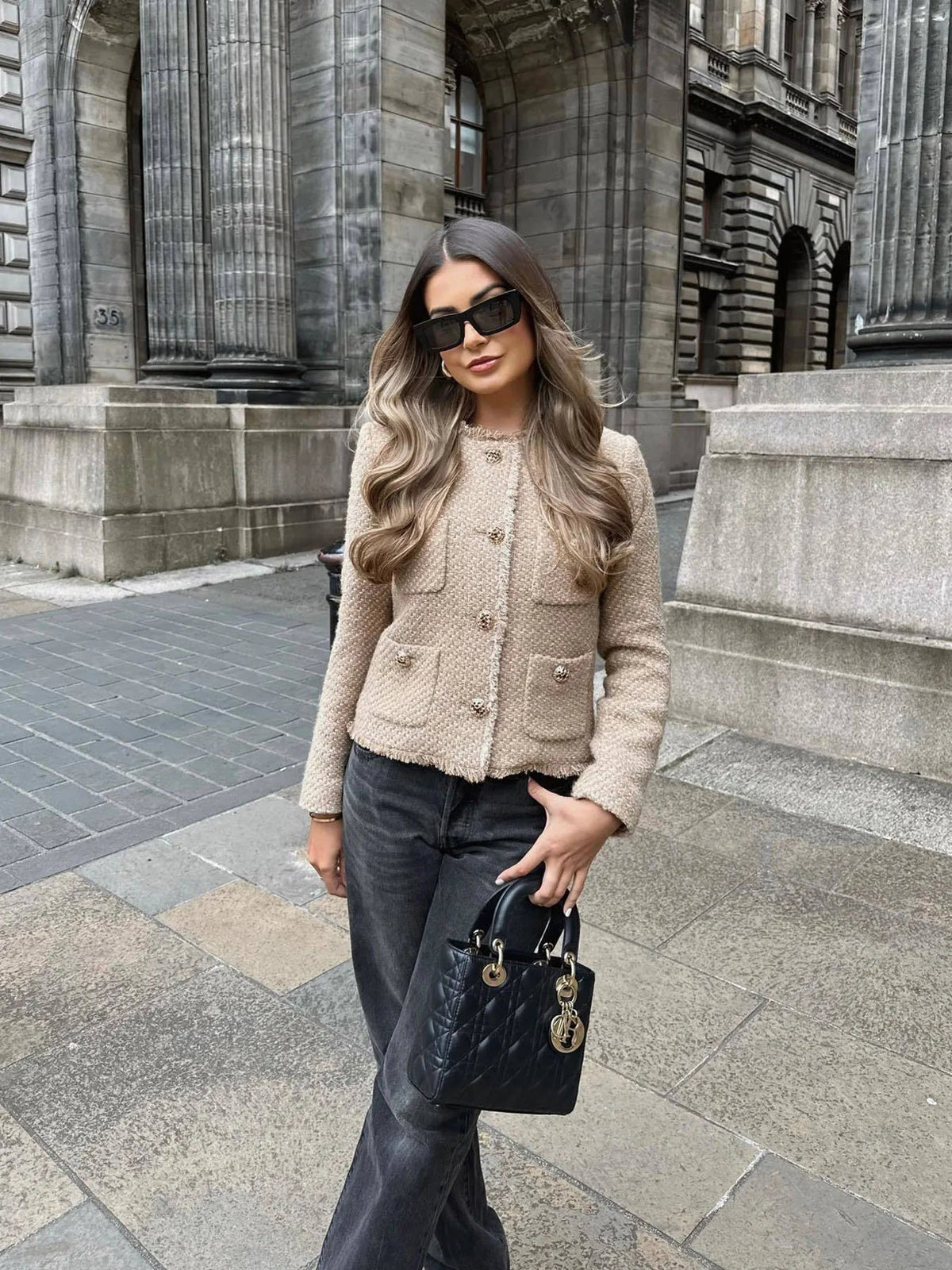 Women’s Cropped Tweed Blazer Jacket with Button Closure