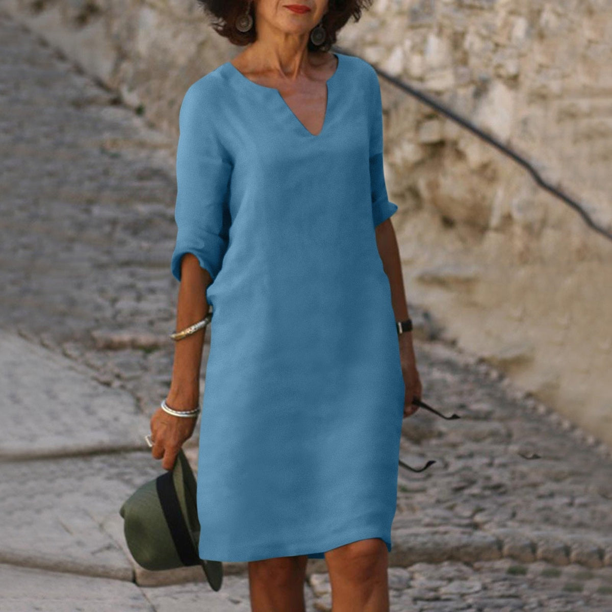 Women’s Elegant V-Neck Knee-Length Dress Light Blue