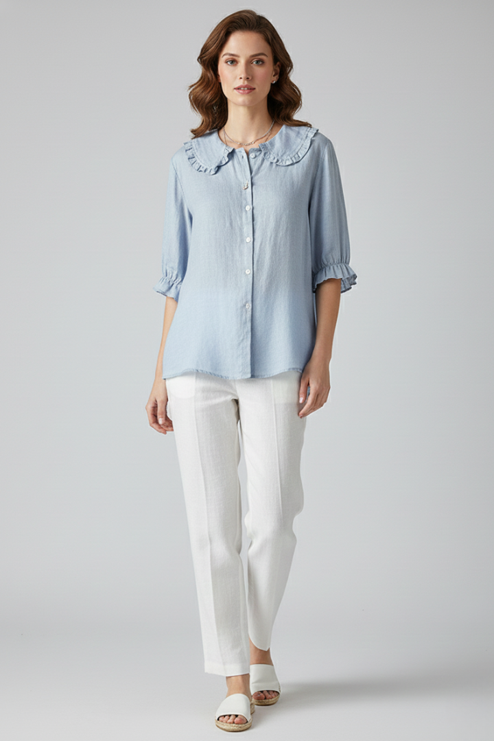 Women’s Elegant Casual Blouse with Ruffle Collar and Buttons Blue