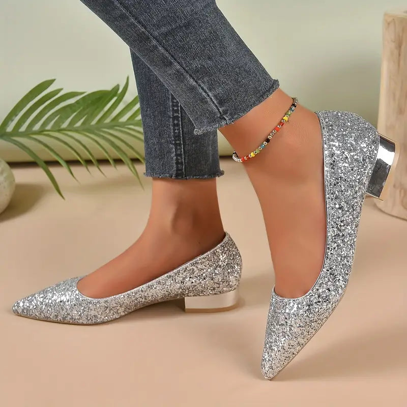 Women’s Glitter Pointed Ballerinas Silver