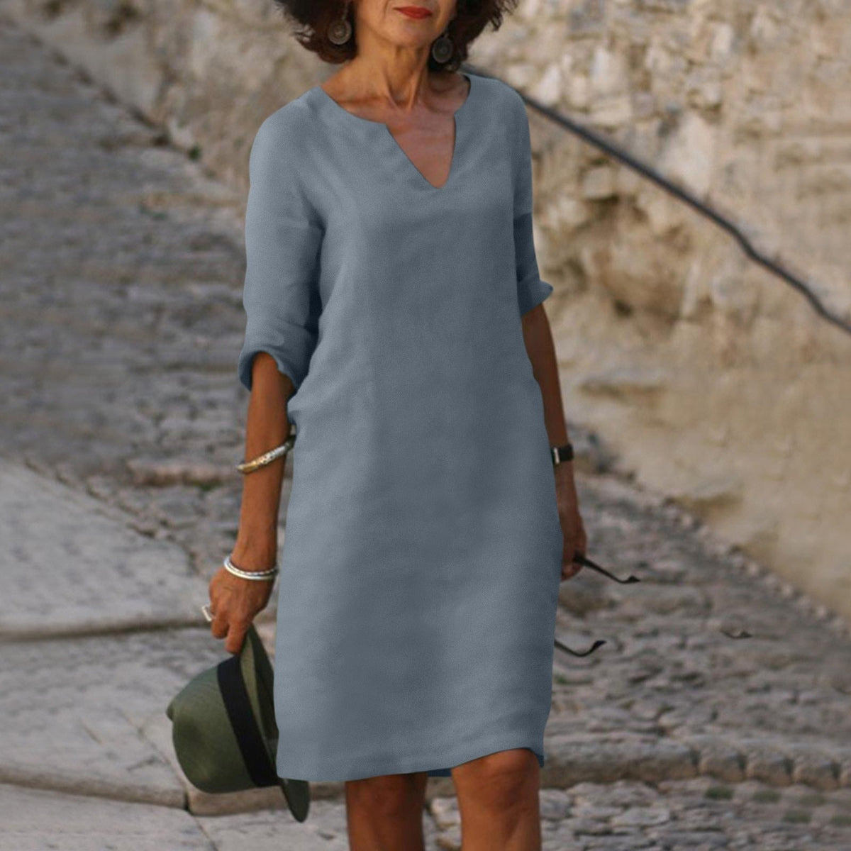 Women’s Elegant V-Neck Knee-Length Dress Grey