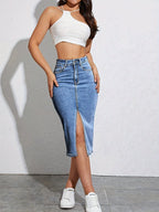 Women’s Stretch Denim Long Skirt with High Waist and Slit