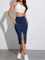Women’s Stretch Denim Long Skirt with High Waist and Slit