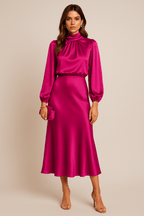 Women’s Elegant Dress with Long Sleeves and High Neck Red