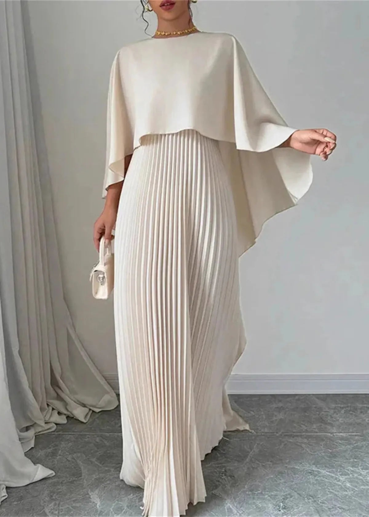 Women’s Elegant Pleated Cape Sleeve Maxi Dress Beige