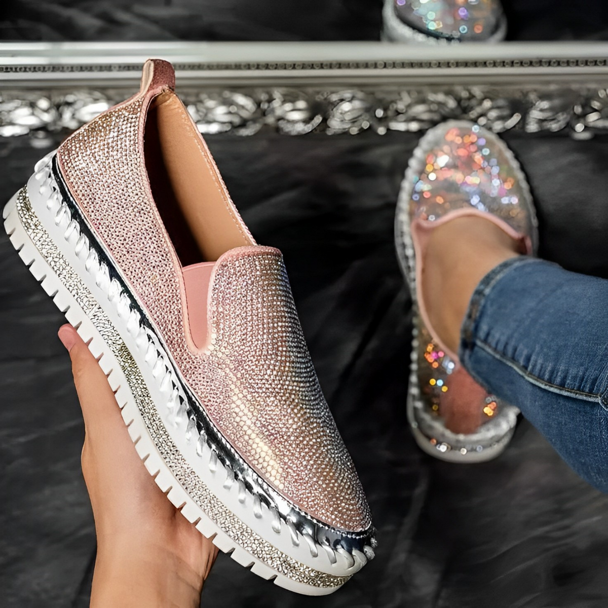 Women’s Glittering Diamond Loafers – Everyday Footwear Pink