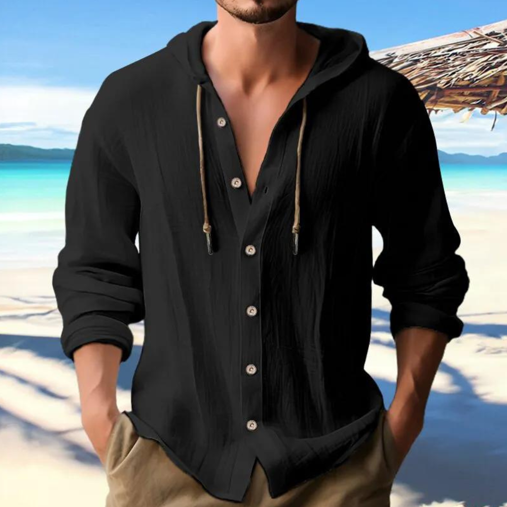 Men’s Hooded Long Sleeve Shirt with Button-Down Closure Black