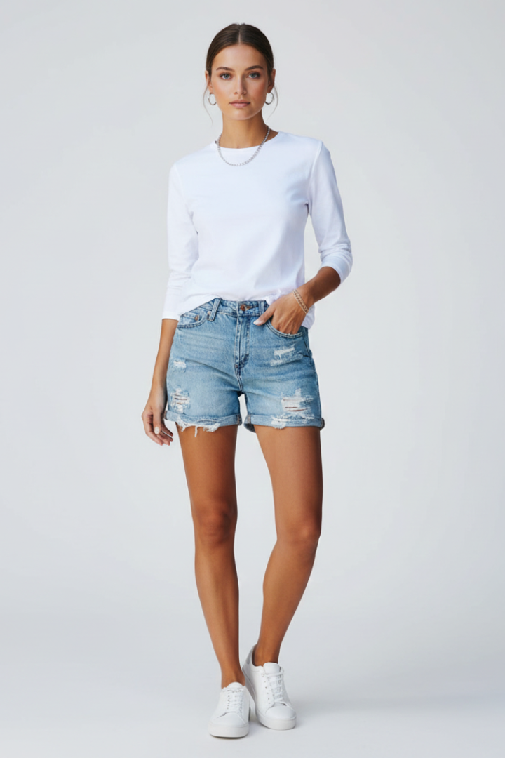 Women’s Distressed Fringe Hem Casual Shorts for Summer Style Blue