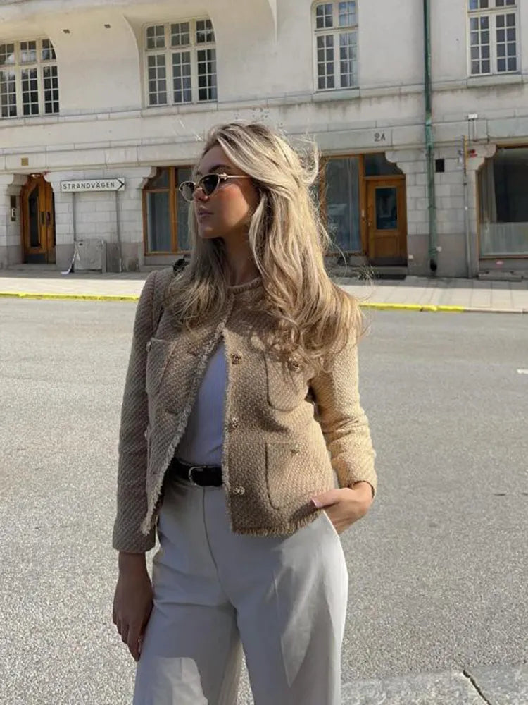 Women’s Cropped Tweed Blazer Jacket with Button Closure