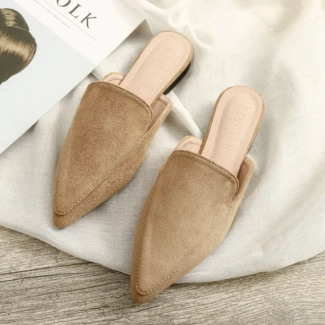 Women’s Elegant Suede Mules with Pointed Toe Khaki