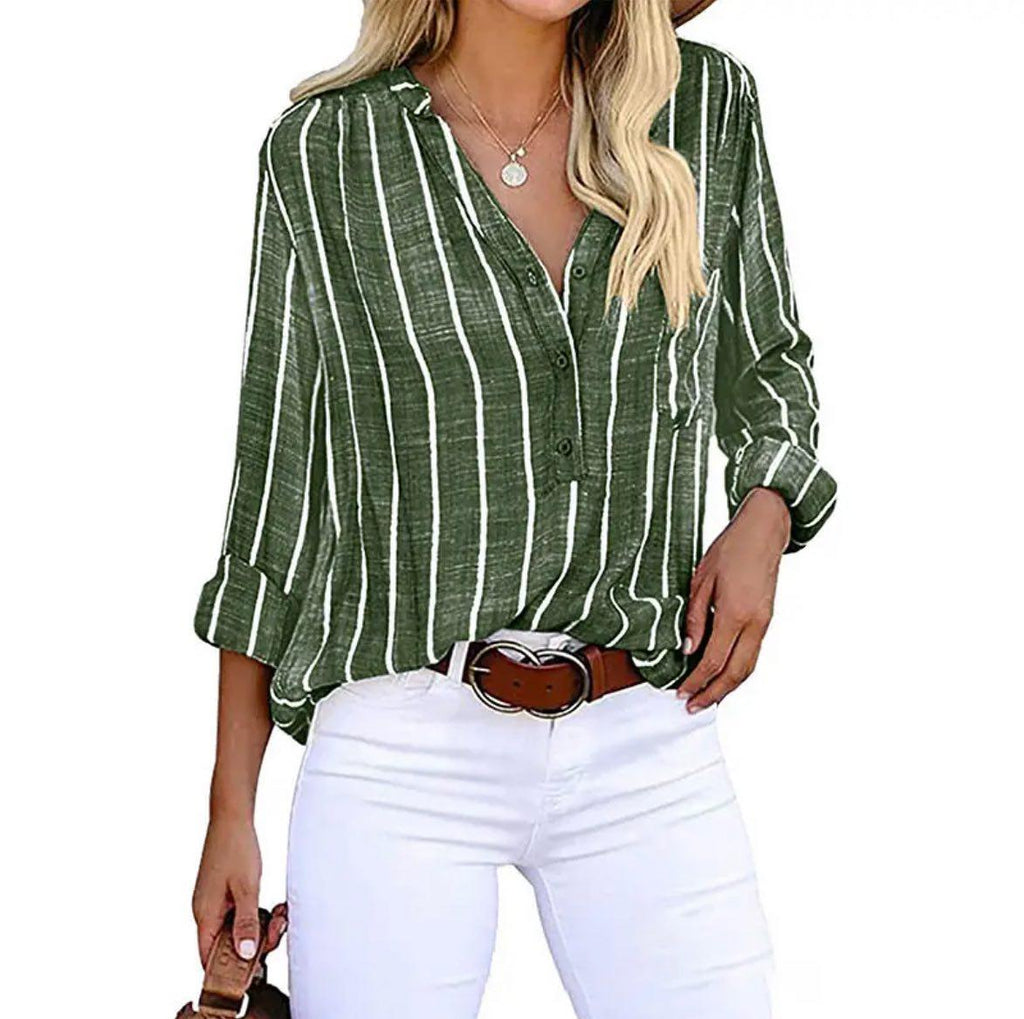 Women’s Relaxed Striped Casual Blouse for Summer Style Green
