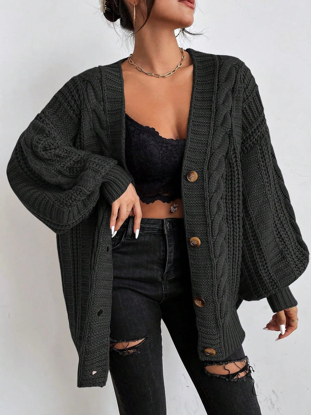 Women’s Cozy Oversized Cable Knit Cardigan Black