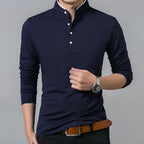 Men’s Slim-Fit Long Sleeve Polo Shirt with Mandarin Collar Navy Blue