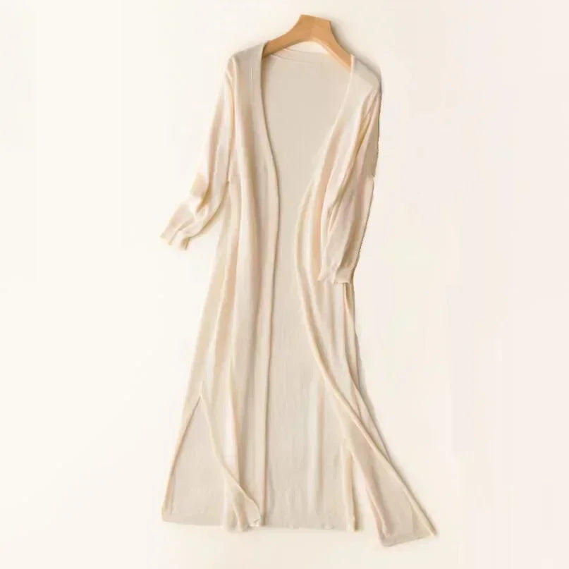 Women’s Long Open Front Cardigan with Side Slits Apricot
