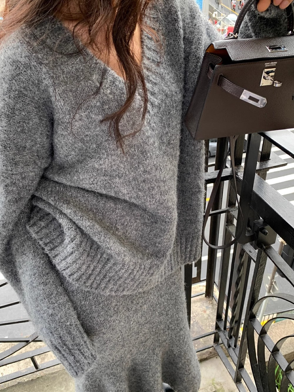 Women’s Cozy V-Neck Knit Sweater and Flare Midi Skirt Set