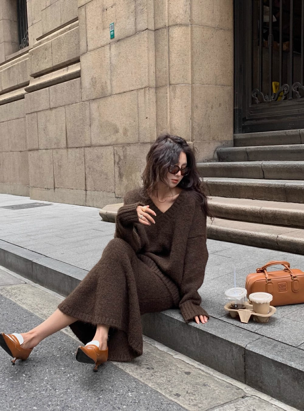 Women’s Cozy V-Neck Knit Sweater and Flare Midi Skirt Set