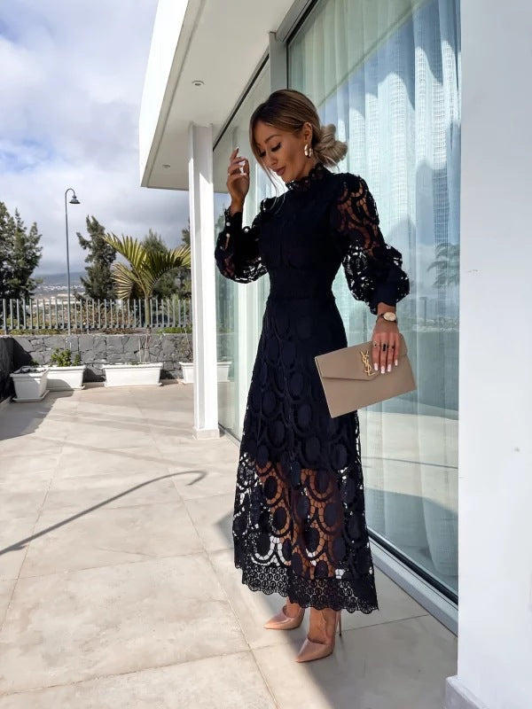 Women’s Elegant Midi Dress with Long Sleeves Black