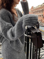 Women’s Cozy V-Neck Knit Sweater and Flare Midi Skirt Set