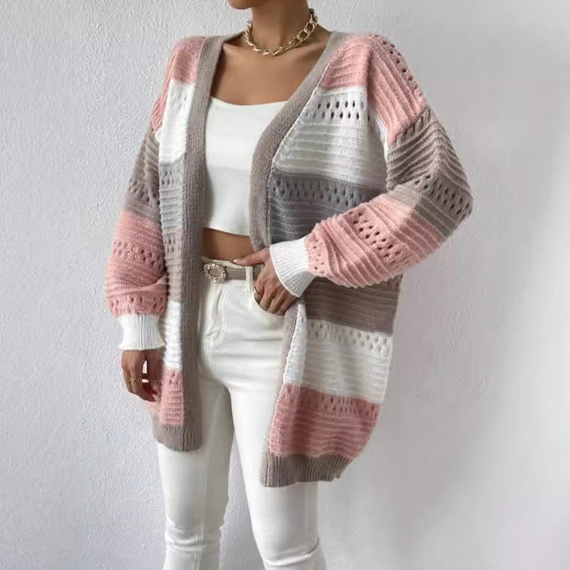 Women’s Oversized Striped Open Front Cardigan with Balloon Sleeves