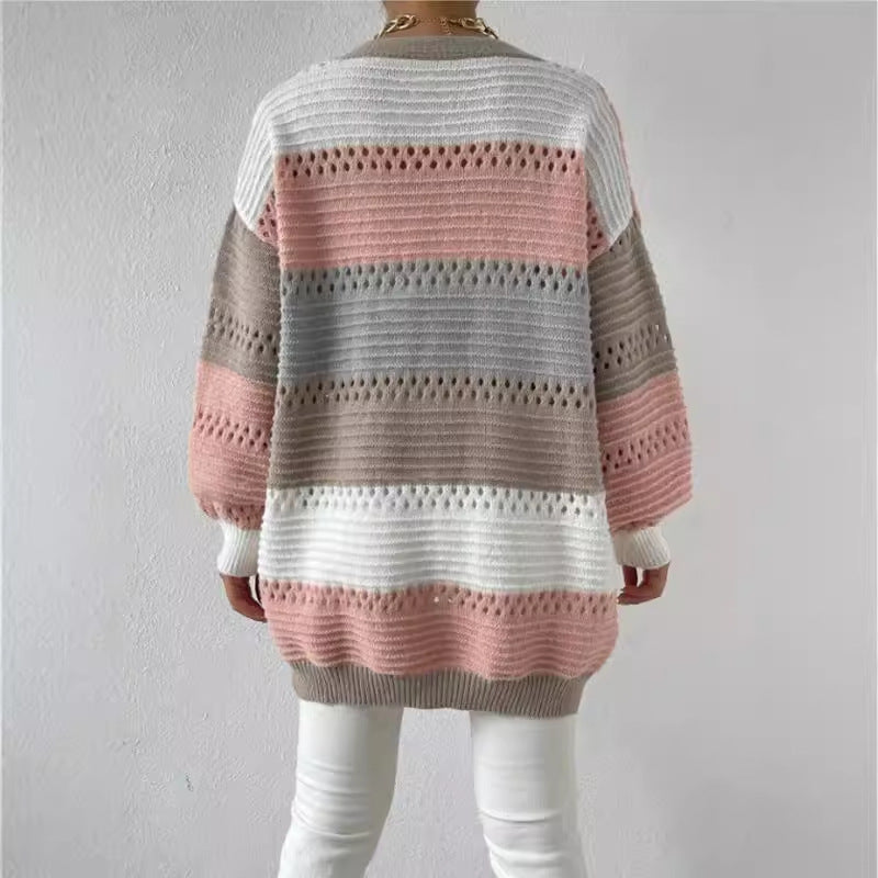 Women’s Oversized Striped Open Front Cardigan with Balloon Sleeves