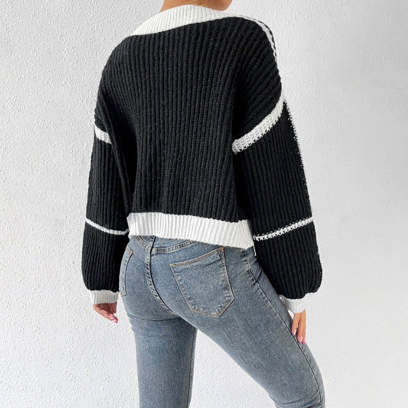 Women’s Stylish Cropped Knit Cardigan with Balloon Sleeves