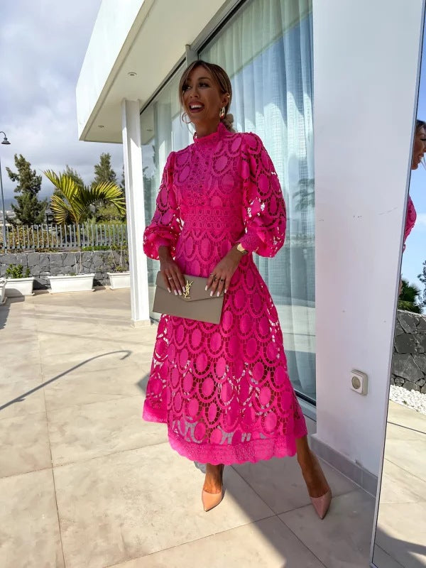 Women’s Elegant Midi Dress with Long Sleeves Red