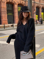 Women’s Cozy V-Neck Knit Sweater and Flare Midi Skirt Set