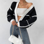 Women’s Stylish Cropped Knit Cardigan with Balloon Sleeves Black