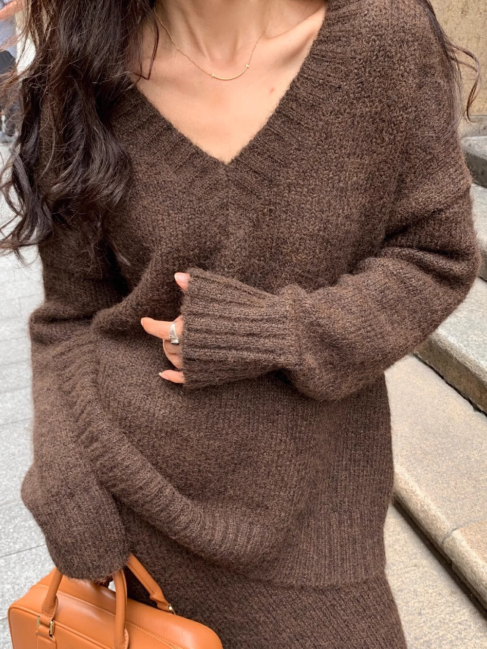 Women’s Cozy V-Neck Knit Sweater and Flare Midi Skirt Set