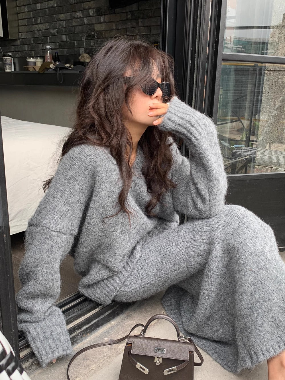 Women’s Cozy V-Neck Knit Sweater and Flare Midi Skirt Set Grey