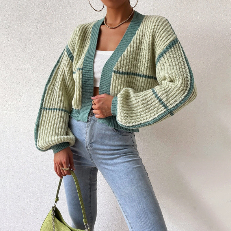 Women’s Stylish Cropped Knit Cardigan with Balloon Sleeves Light Green