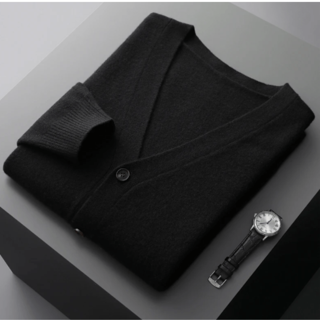 Men’s Classic V-Neck Cardigan with Button Front and Ribbed Knit Black