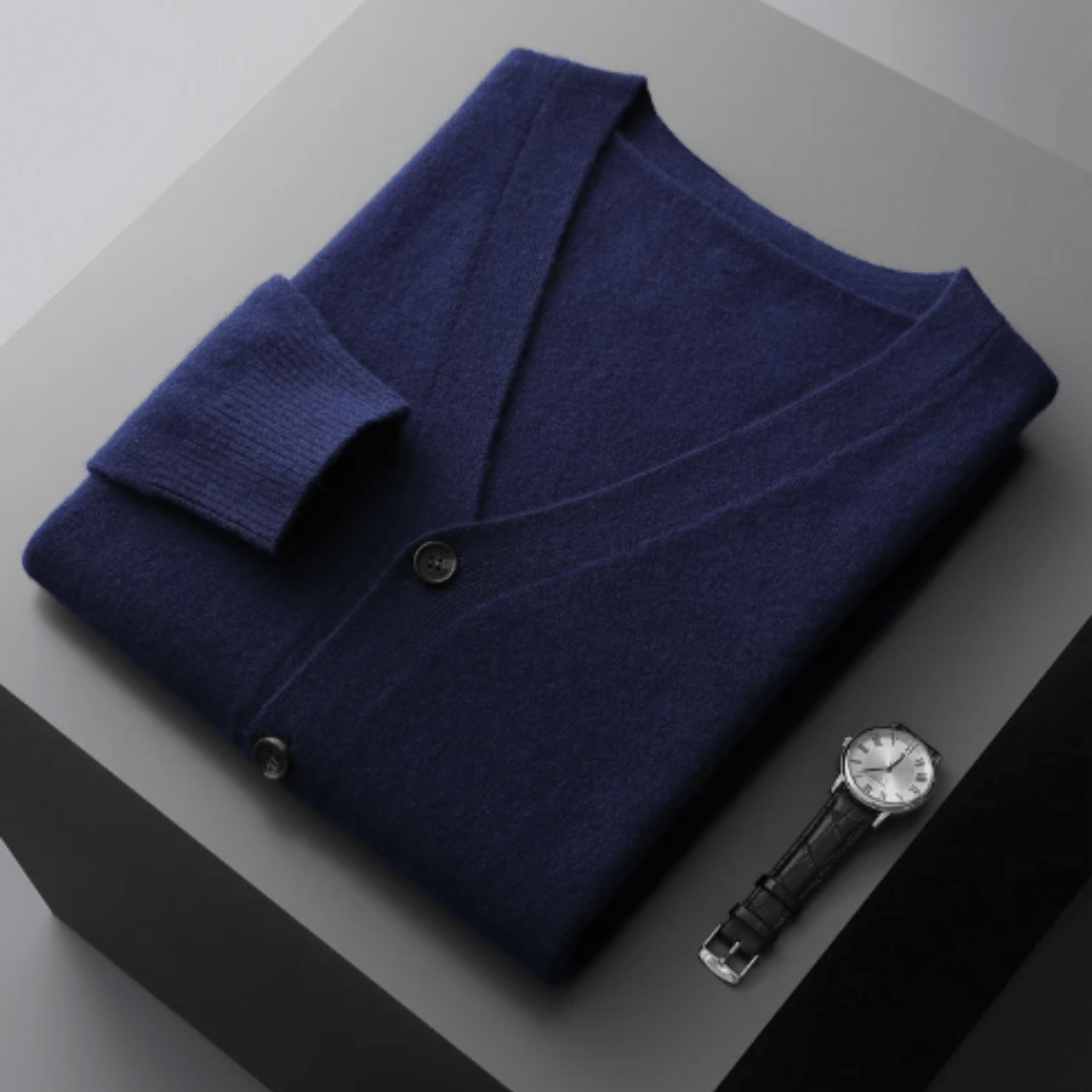 Men’s Classic V-Neck Cardigan with Button Front and Ribbed Knit Navy Blue
